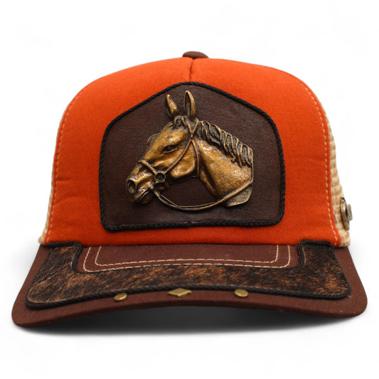 Gorra Vaquera Naranja con Herraje Cabeza Grande de Caballo