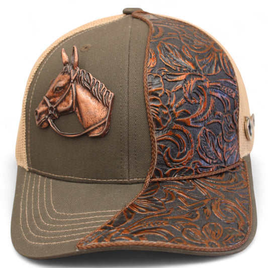 Gorra Vaquera Verde Olivo con Herraje Cabeza Grande de Caballo