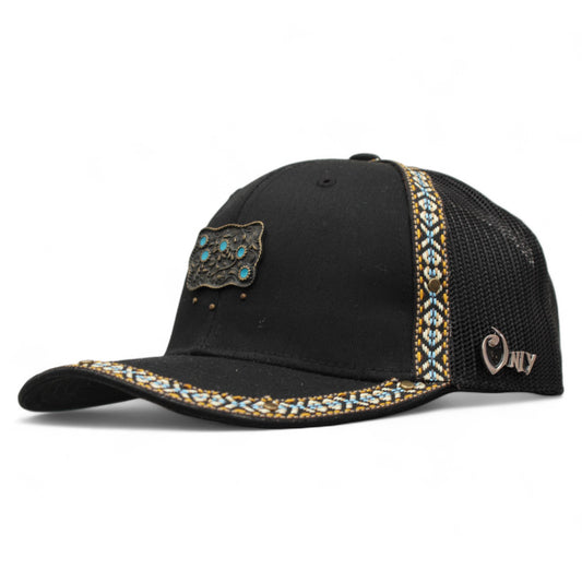 Gorra Vaquera Negra con Herraje Hebilla de Flores