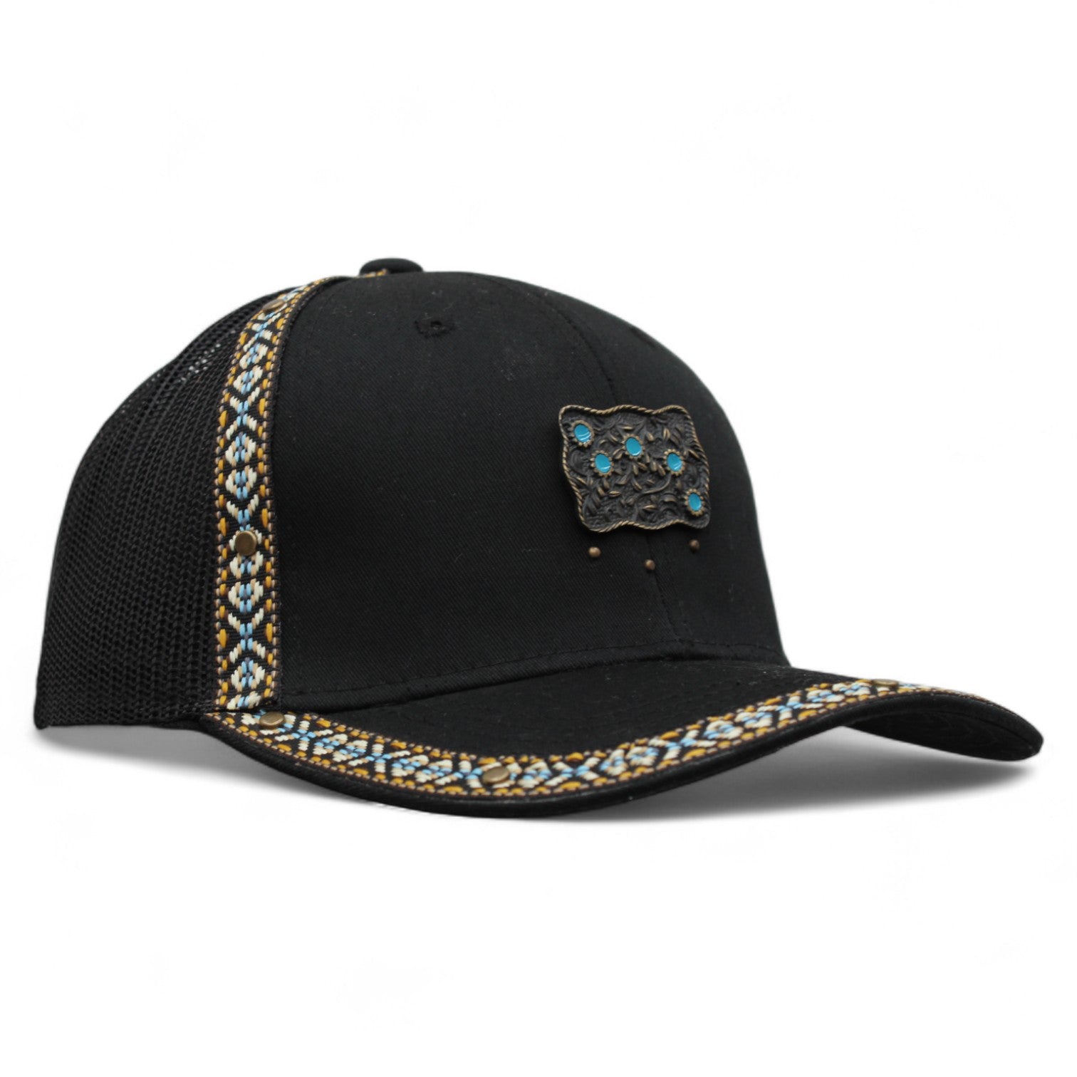 Gorra Vaquera Negra con Herraje Hebilla de Flores