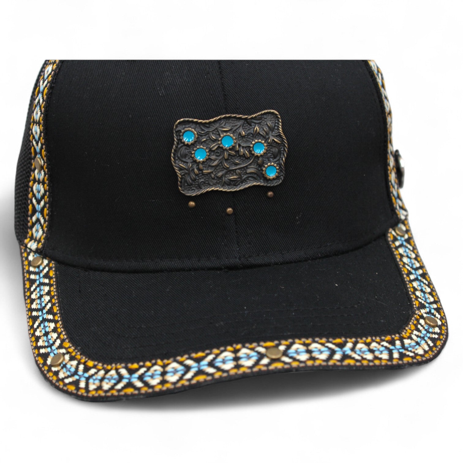 Gorra Vaquera Negra con Herraje Hebilla de Flores